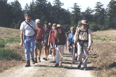 On the way to the Hikers Hut (left to right: Tim Oren, Bob Kelly, Joan Schwan, Geoffrey Skinner)--click for full-size image